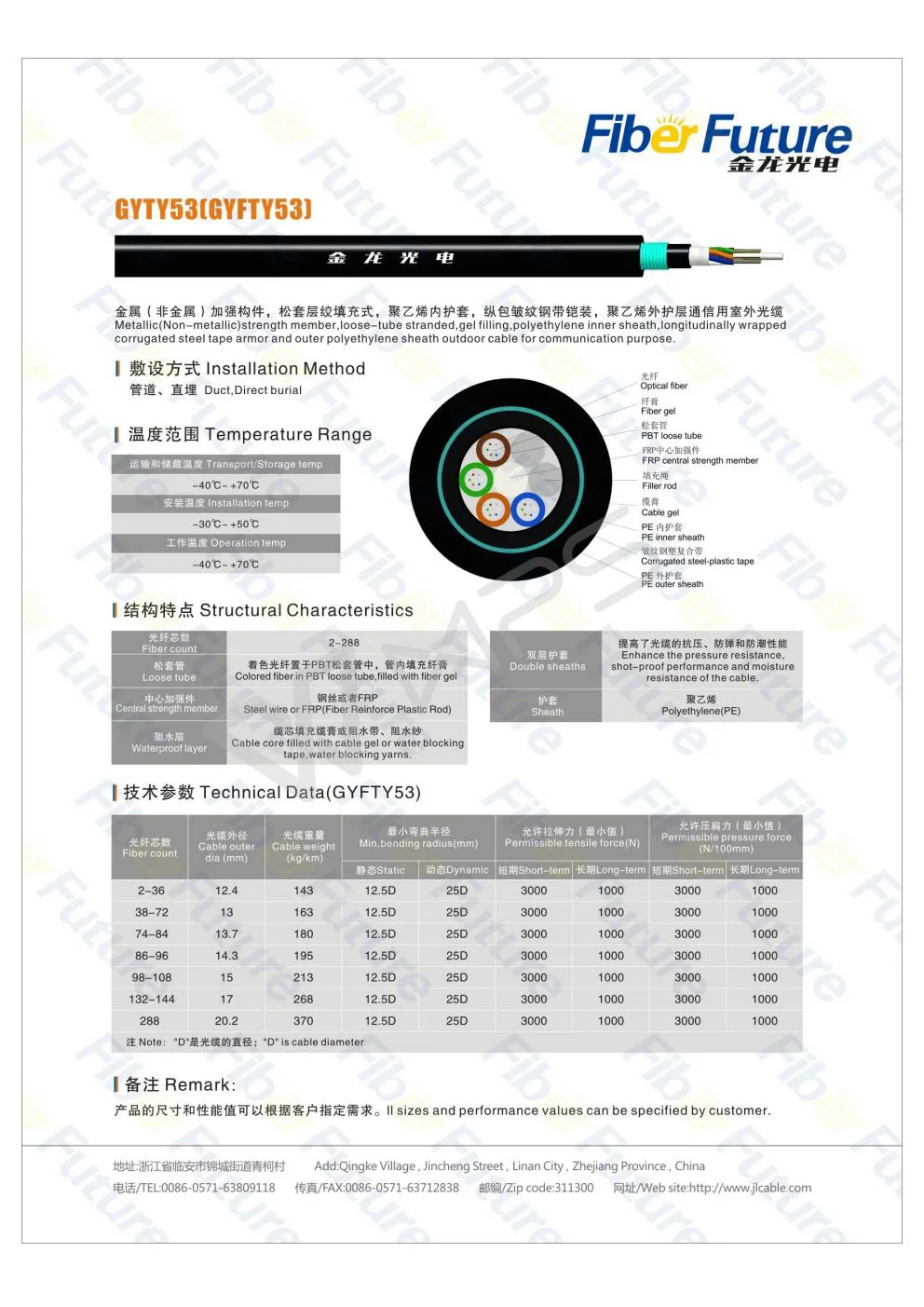 Direct Burial Hot Sale PBT Loose Tube 2-288 Fiber Optic Cable (GYTY53)